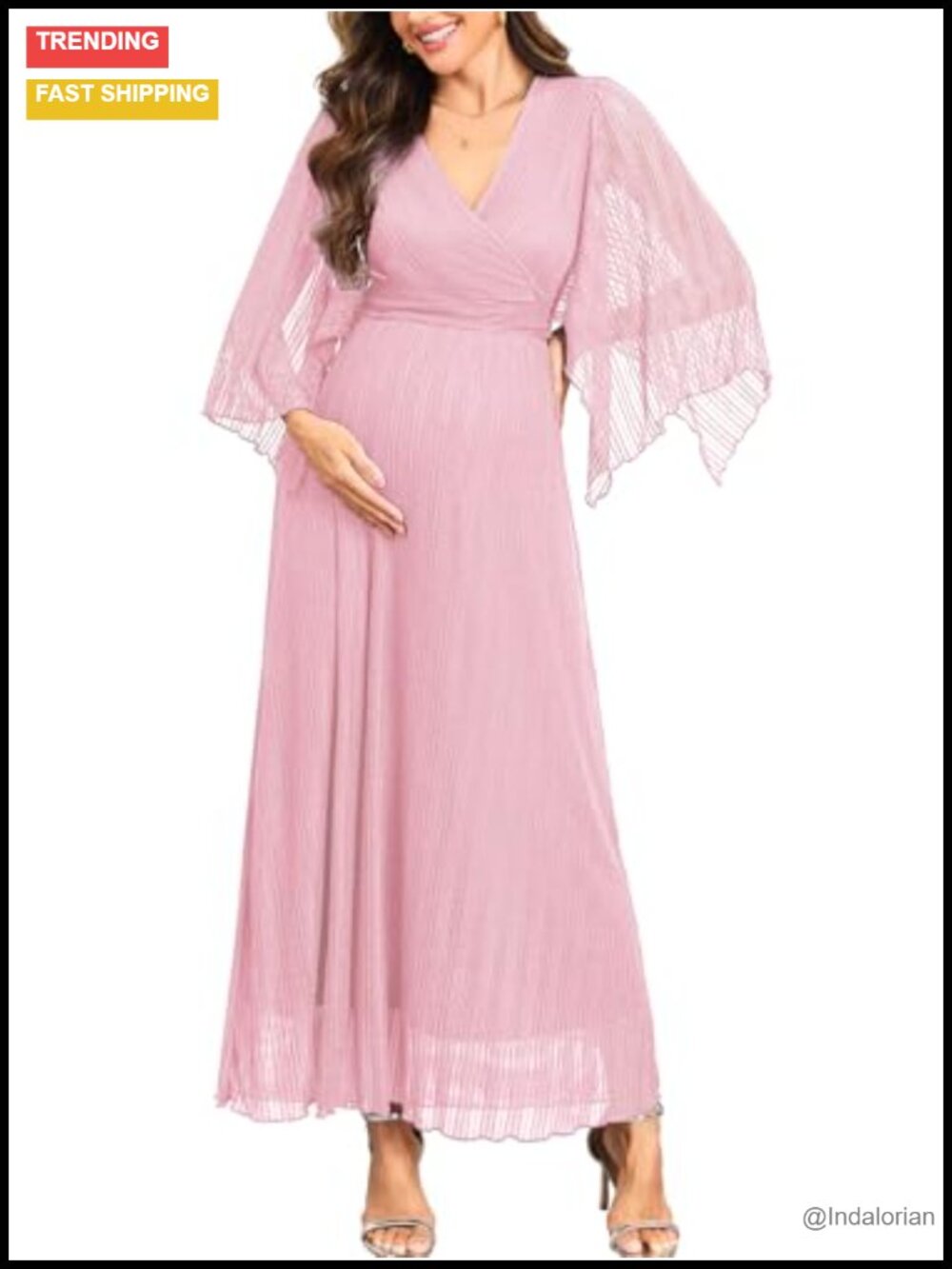 Maternity Sparkly Mesh Maxi Dress Wrap V Neck Handkerchief Sleeves Flowy